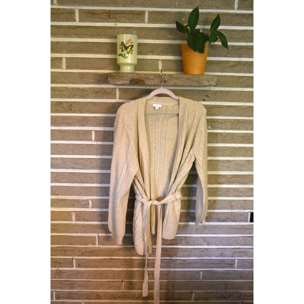 J. Jill Oatmeal ivory size large tie waist cableknit cardigan fisherman
